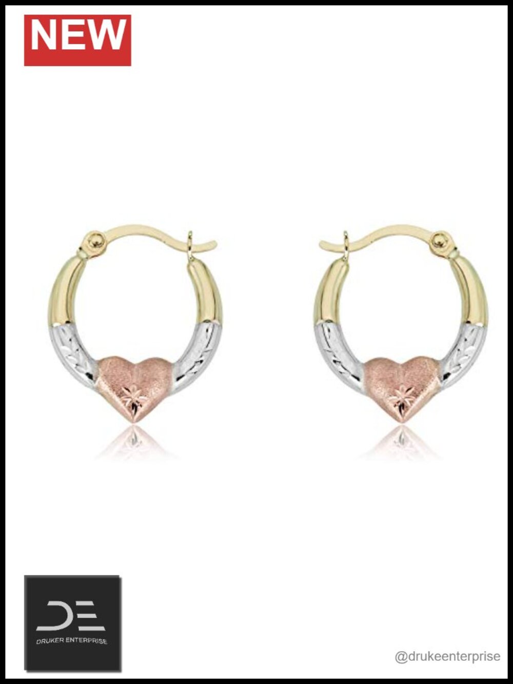 AVORA Gold Heart Creole Hoop Earrings - 10K 3-Tone Yellow Gold, Hypoallergenic,